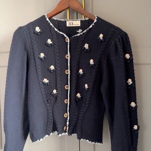 Navy Blue Floral Embellished Cardigan